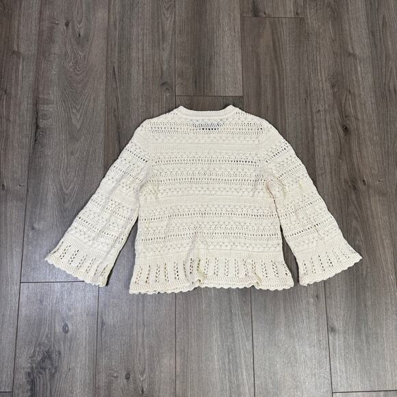 Madewell Scalloped-Trim Sweater Tee Sz 2XS Sand Crewneck Crop Open Knit Pullover - Picture 7 of 9